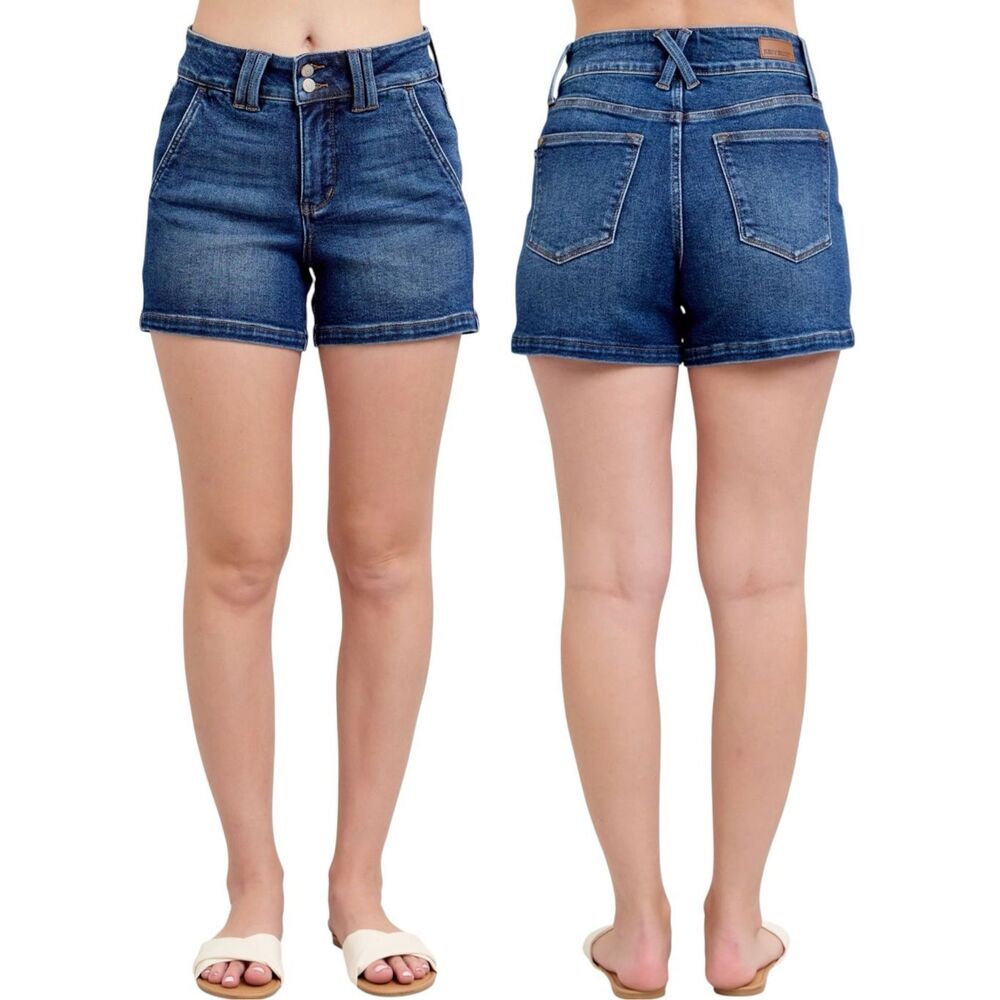 Judy Blue Double Button High Rise Denim Shorts Dark Wash Stretch Size XL NWT - Picture 8 of 11